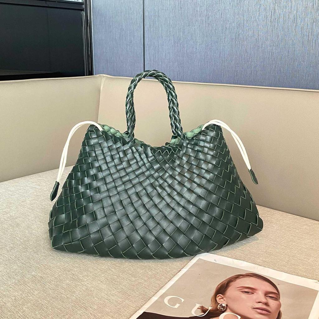 Retro Style Genuine Leather Hand-Woven Basket Handbag - Versatile Women's Bag with Thick Leather Strips