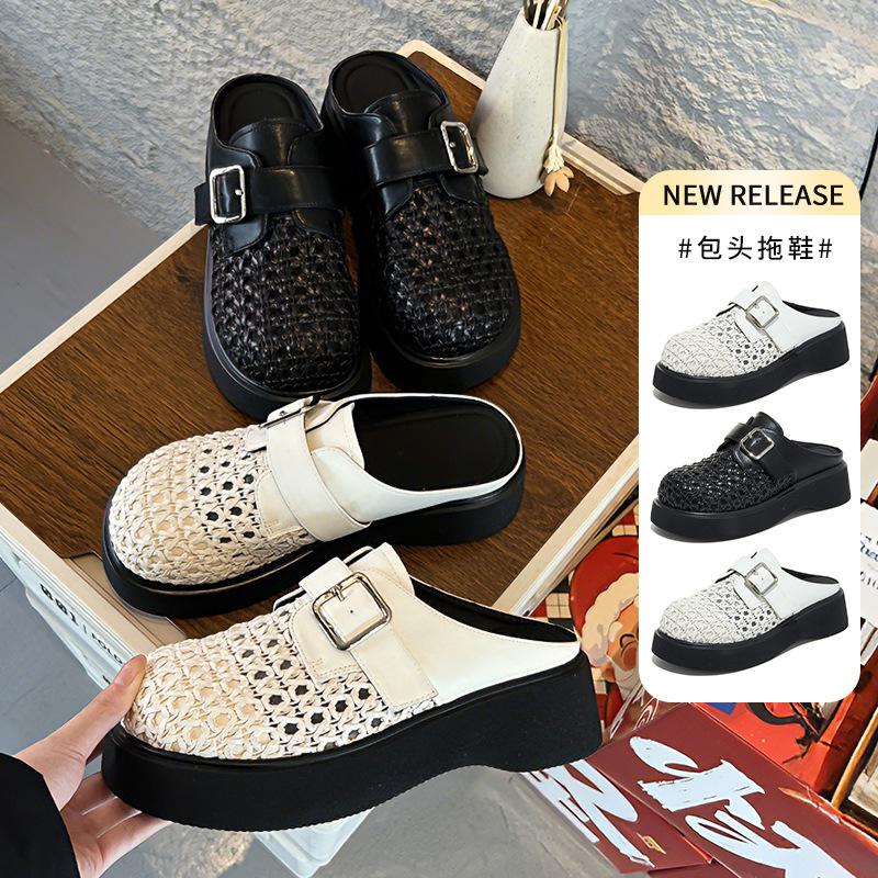 First layer sheepskin insole bag head slippers women's spring and summer new retro woven half drag casual French sandals