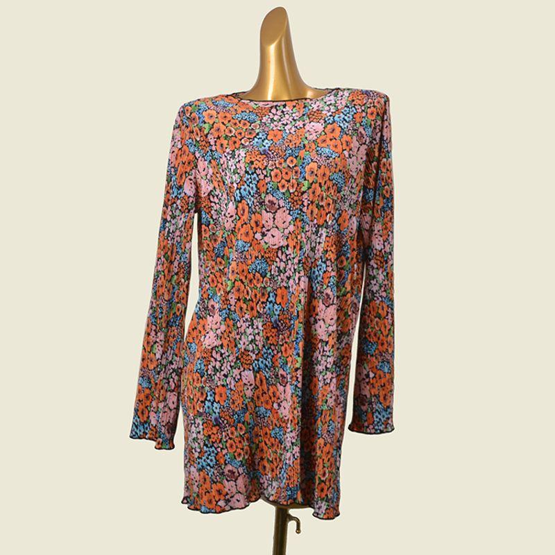 

Sweden Fashion Brand Small Floral Loose Version Dress Organ Ruched Long Sleeves Thin Skirt Orange M