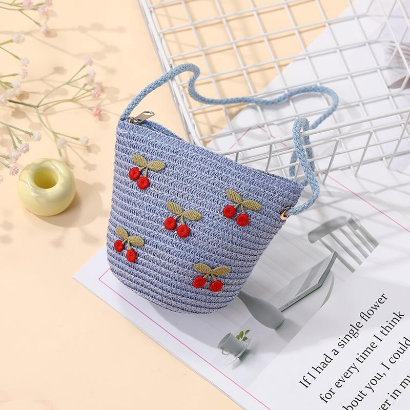 Children Foldable Woven Straw Bag Summer Girl Shoulder Bags Red Cherries Kids Handbags Beach Travel Crossbody Bags Small Wallets