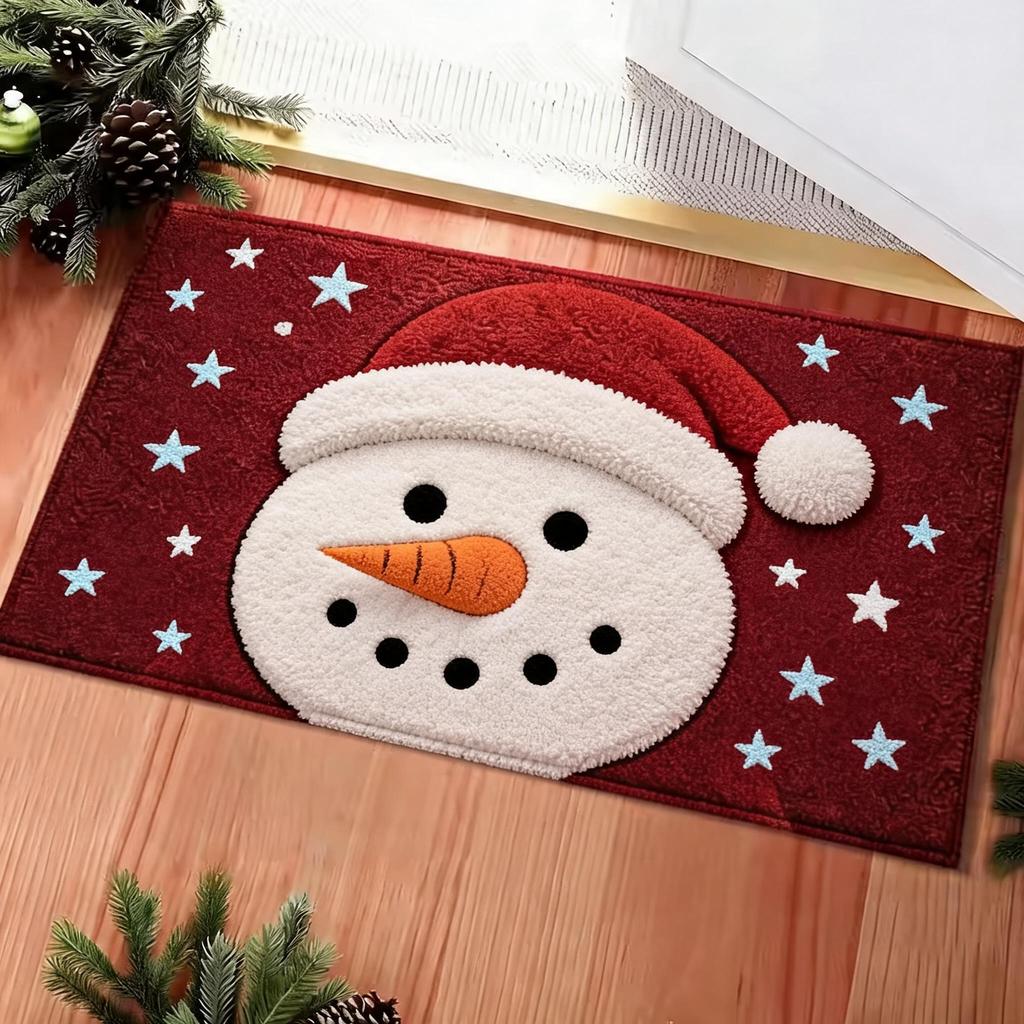 Christmas Snowman Red Star Pattern Doormat Non Slip Absorbent Floor Rug for Entryway Kitchen Bathroom Holiday Decor