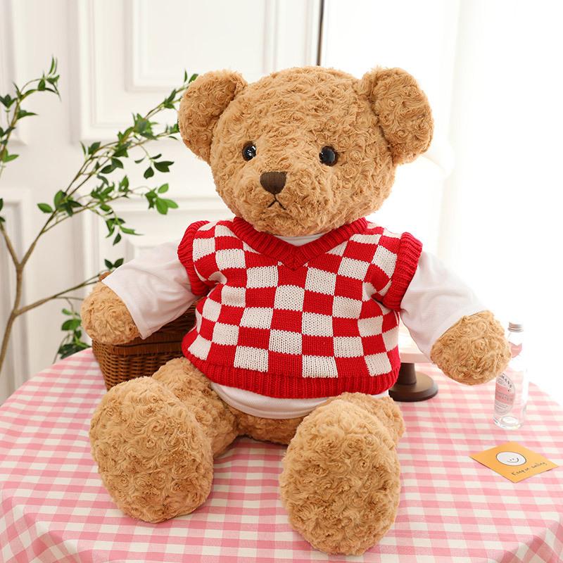 Checkered sweater teddy bear doll for girlfriend bear companion pillow home ornament children's holiday gift