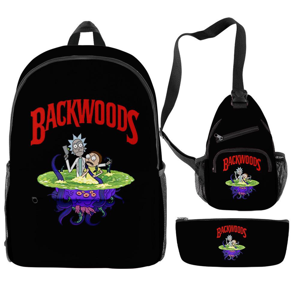 3D Digital Printing Backwoods Cigar Backpack Shoulder Bag Pencil Case Three-Piece Set