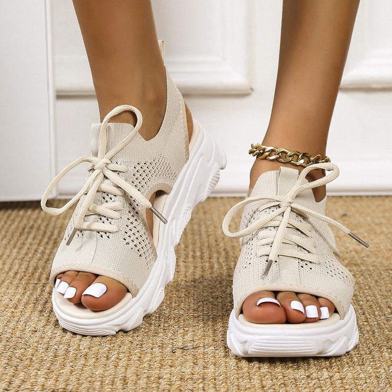 Summer Women Sandals Knitted Casual Sneakers Platform Thick Soled Lace Up Sandal Fashion Solid Beach Shoes