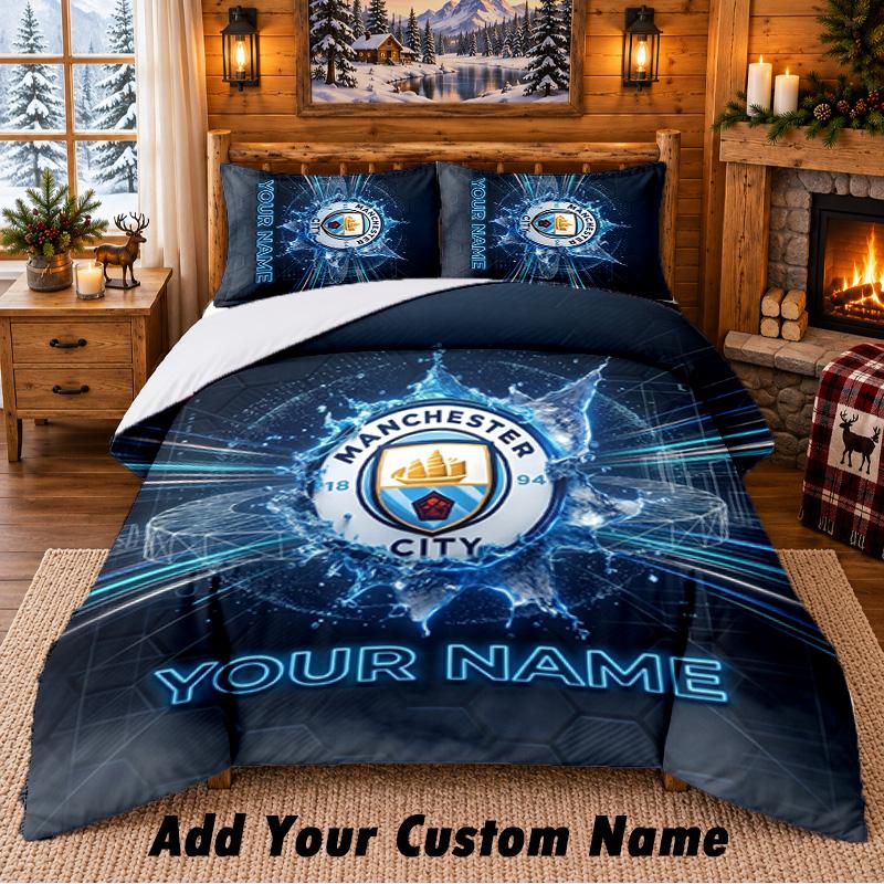Manchester City Pattern Bedding 3Pcs Set Custom Name, Bed Sheet And Pillowcases For Home Bedroom