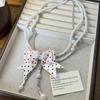 Romantics Pink Dotted Bowknot Designs Pearls Necklace Stylish Clavicle Chain Feminine Accessory For Daily Wear