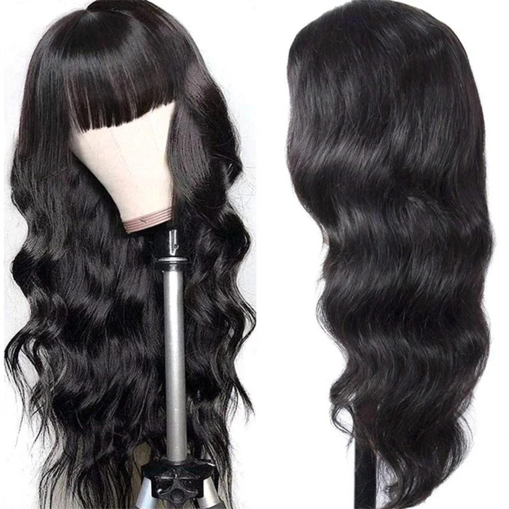 

Natural Black Long Body Wave Synthetic Women Wigs with Bangs Daily Cosplay Afro Brazilian Women Hair Wig Heat Resistant
