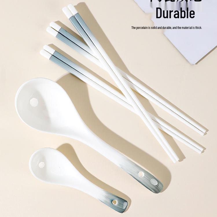 Simple Ceramic Long-handled Soup Spoon and Chopsticks Set for Home and Restaurant Use