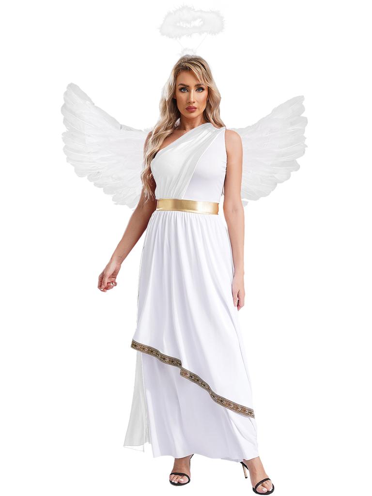 Women Halloween Angel Costume Sleeveless Chiffon Vintage Trim Tunic Dress Feather Angel Wings Headwear Set