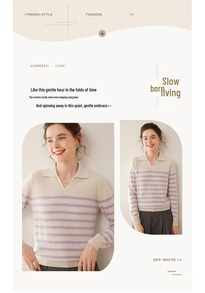 Women's Fashionable Striped Cashmere Knit Base Layer Top - Long Sleeve, Polo Collar, Soft, and Skin-Friendly.