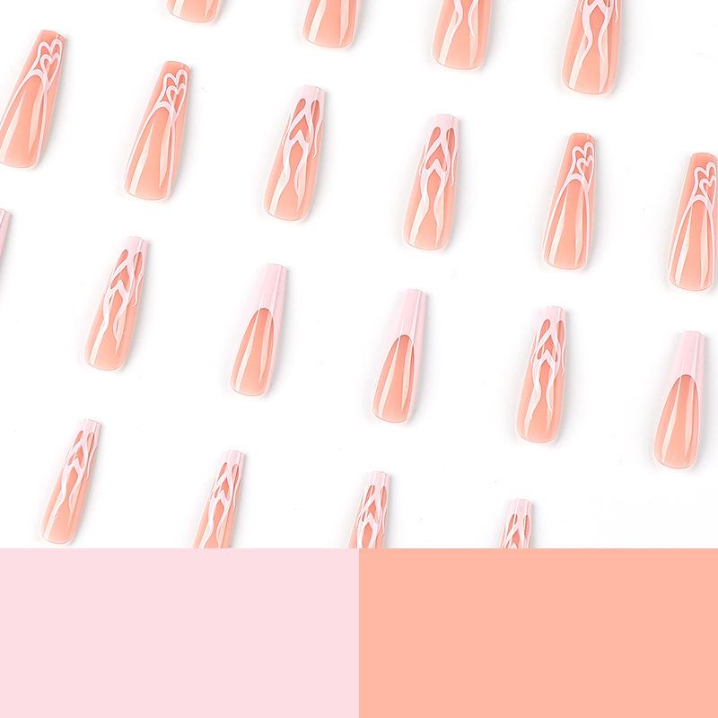 Pink French Heart Flame Long Ballet Nail Art Tips