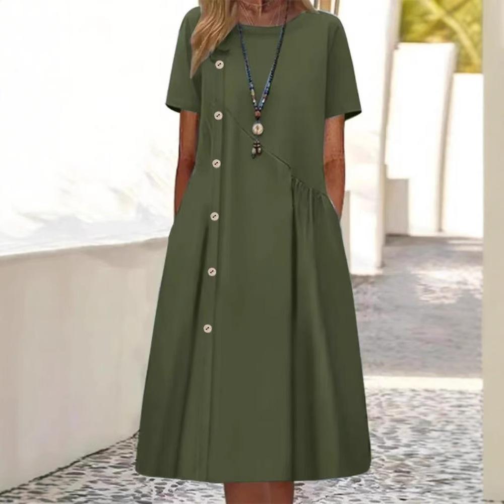 Women's Fashion Summer Spring Solid Color Print Short Sleeve O-Neck High Waist Casual Dresses