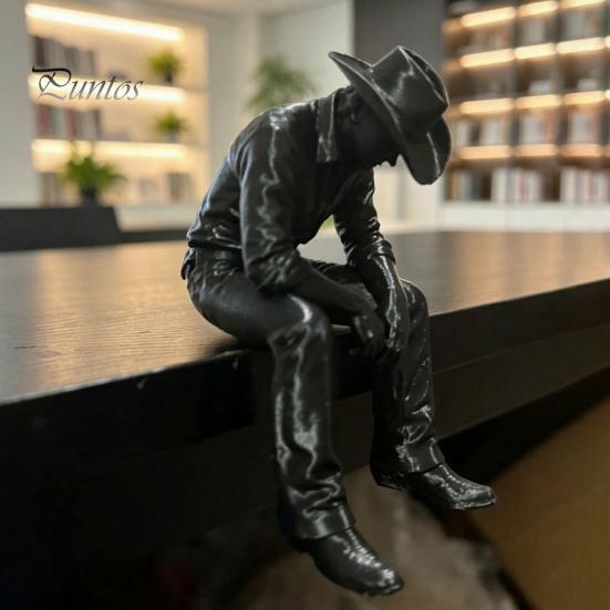 Retro Stijl Bureaubeeldje Westerse Cowboy Bureau Decoratie, 3D Geprint Randhangend met Zwaaiende Benen, Creatieve Verhalende Decoratie Mat Zwart