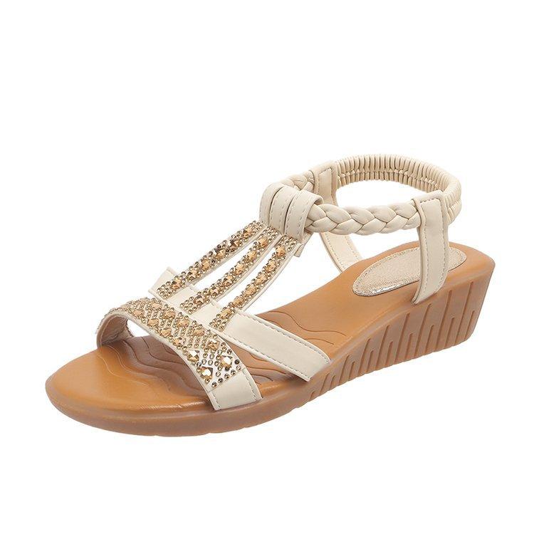 Fashion Women Wedge Sandals Summer Bohemia Rhinestones Casual Platform Middle Heel Sandals Female Peep Toe Outdoor Beach Sandales Shoe