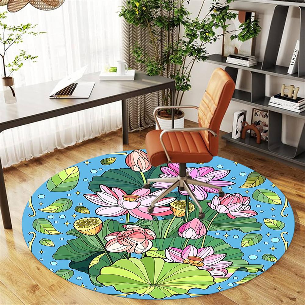 1pc Lotus Flower Leaves Round Chair Mat Office Area Rug - Non-Slip, Floor Mat for Office, Bedroom, and Indoor Decor P127102