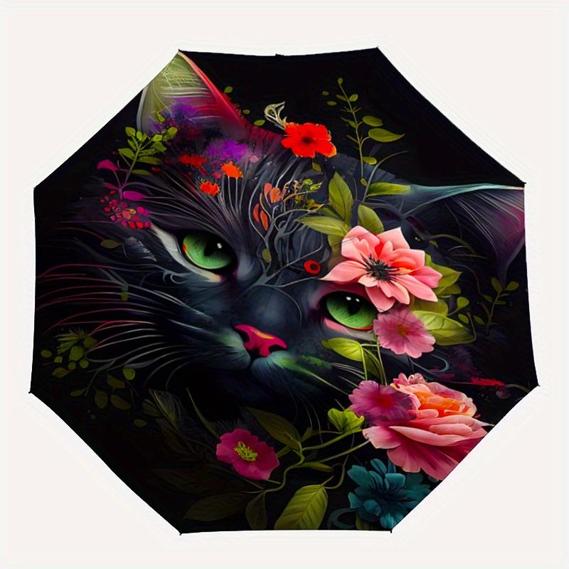 1pc Domineering BlackCat & Flowers Pattern Automatic 3-Fold Umbrella, 8 Iron Frames, High-Value Folding Umbrella, Suitable for Office, Trave