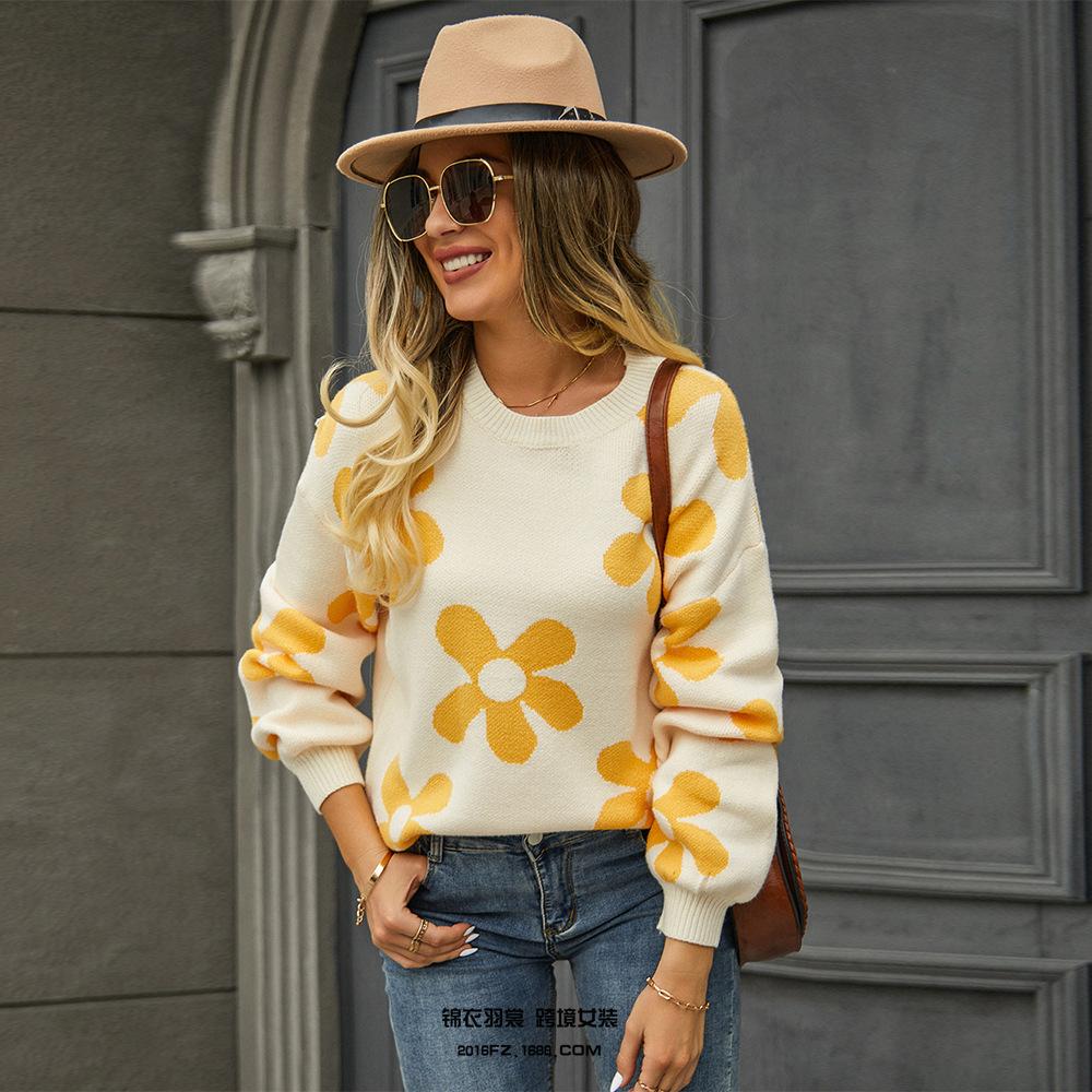2023 Autumn/Winter Women's Casual Printed Sweater Pullover Flower Large Size Sweater