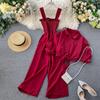 Vacation Style Pleated Wide Leg Jumpsuit Stand Collar Two-Piece Set
