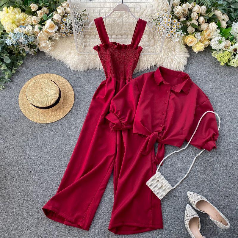 Vacation Style Pleated Wide Leg Jumpsuit Stand Collar Two-Piece Set