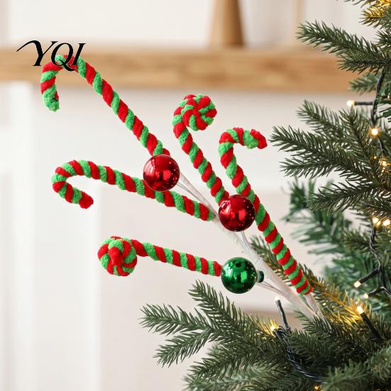 Xmas Vase Filler Christmas Candy Cane Pick, Red White Green Plush Stem, Decor Branch for Filler, Wreath, Tree Decoration Seasonal Decorations