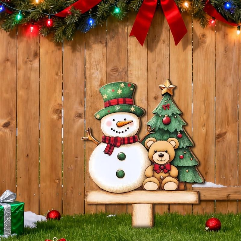 Santa Snowman Holiday Yard Stake Handcrafted Wooden Door Plaque For Seasonal Celebration Party Decoration