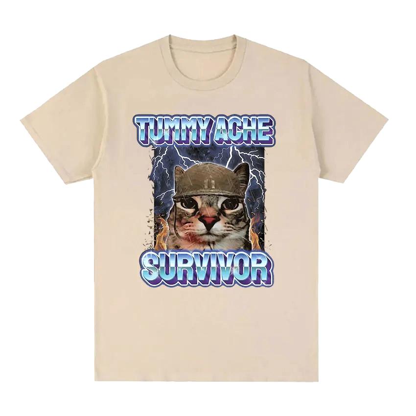 Vintage Tummy Ache Survivor Funny Cat Meme Printed Tee Shirt Women Clothing Fashion Short Sleeve T-shirt Casual Clothing