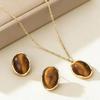 Gold Plated Wavy Bezel Oval Tiger Eye Matching Necklace & Stud Earrings Jewelry Set