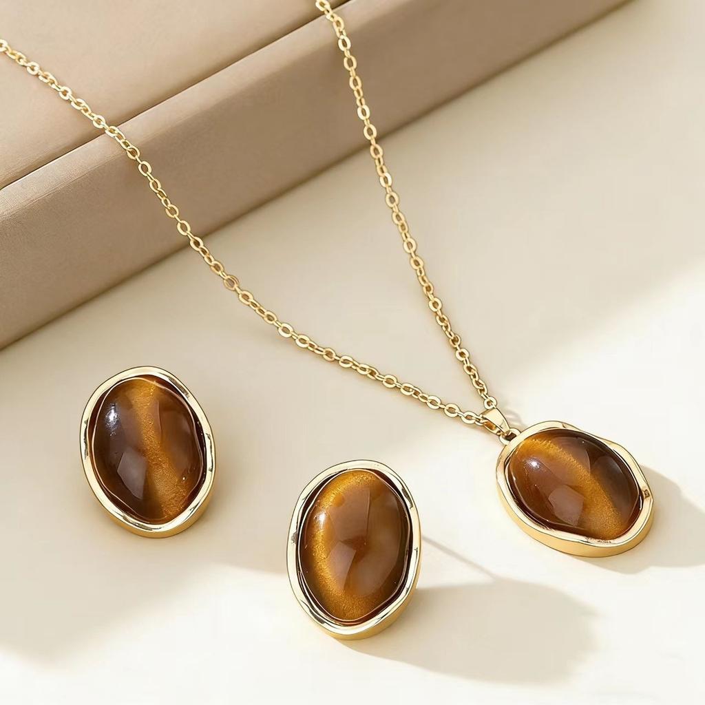 Gold Plated Wavy Bezel Oval Tiger Eye Matching Necklace & Stud Earrings Jewelry Set