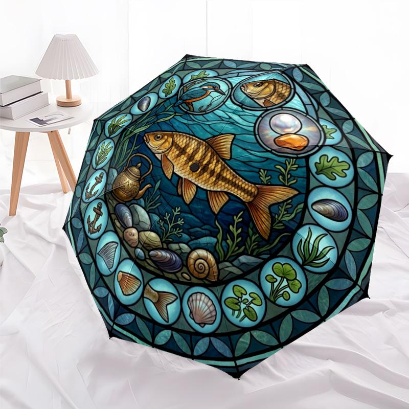 Marine Life Glass pattern umbrella, portable and foldable design, 8 ribs, a casual accessory for Halloween, Christmas, and birthday gifts.