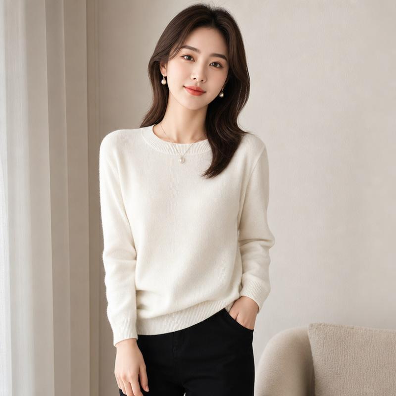 Women Crew Neck Solid Color Knit Sweater Long Sleeve Loose Fit Casual Ladies All Match Autumn Winter Basic Pullover