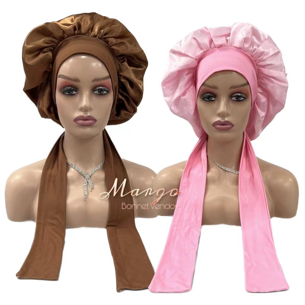 Free Sample Satin Sleep Bonnets with Elastic Tie Bands Custom Silk Hair Bonnets with logo Wholesale чёрный
