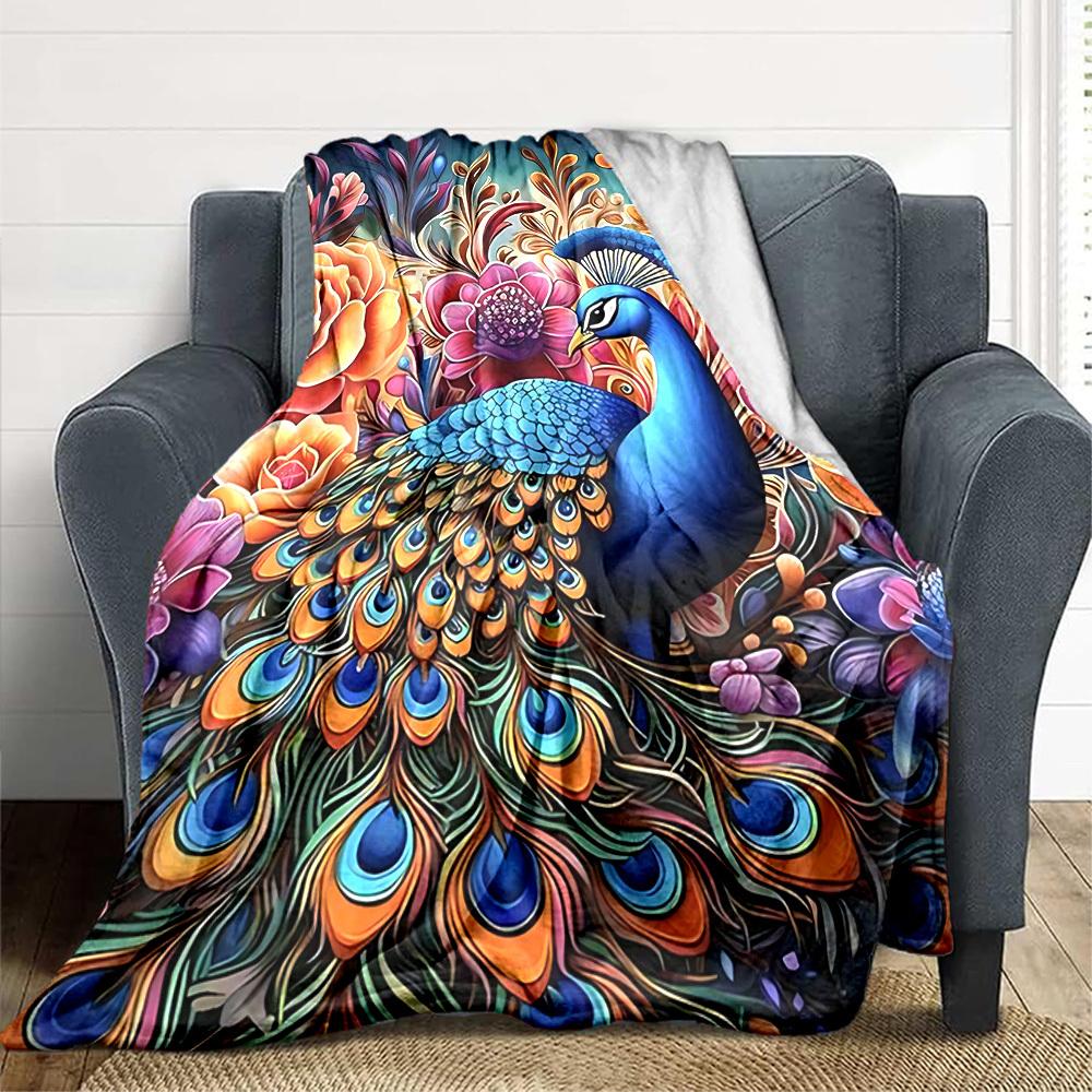1pc Peacock Feather Print Blanket Lightweight Flannel Blanket Throw Blanket For Sofa, Bed, Travel, Camping, Livingroom, Couch, Chair, And Bed Yy250902
