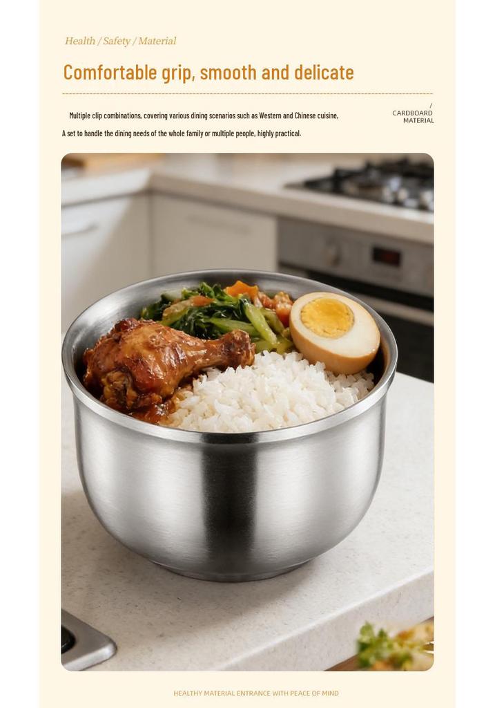 304 Stainless Steel Double-Layer Insulated Anti-Scald Rice Bowl with Spoon for Kids and Home Use