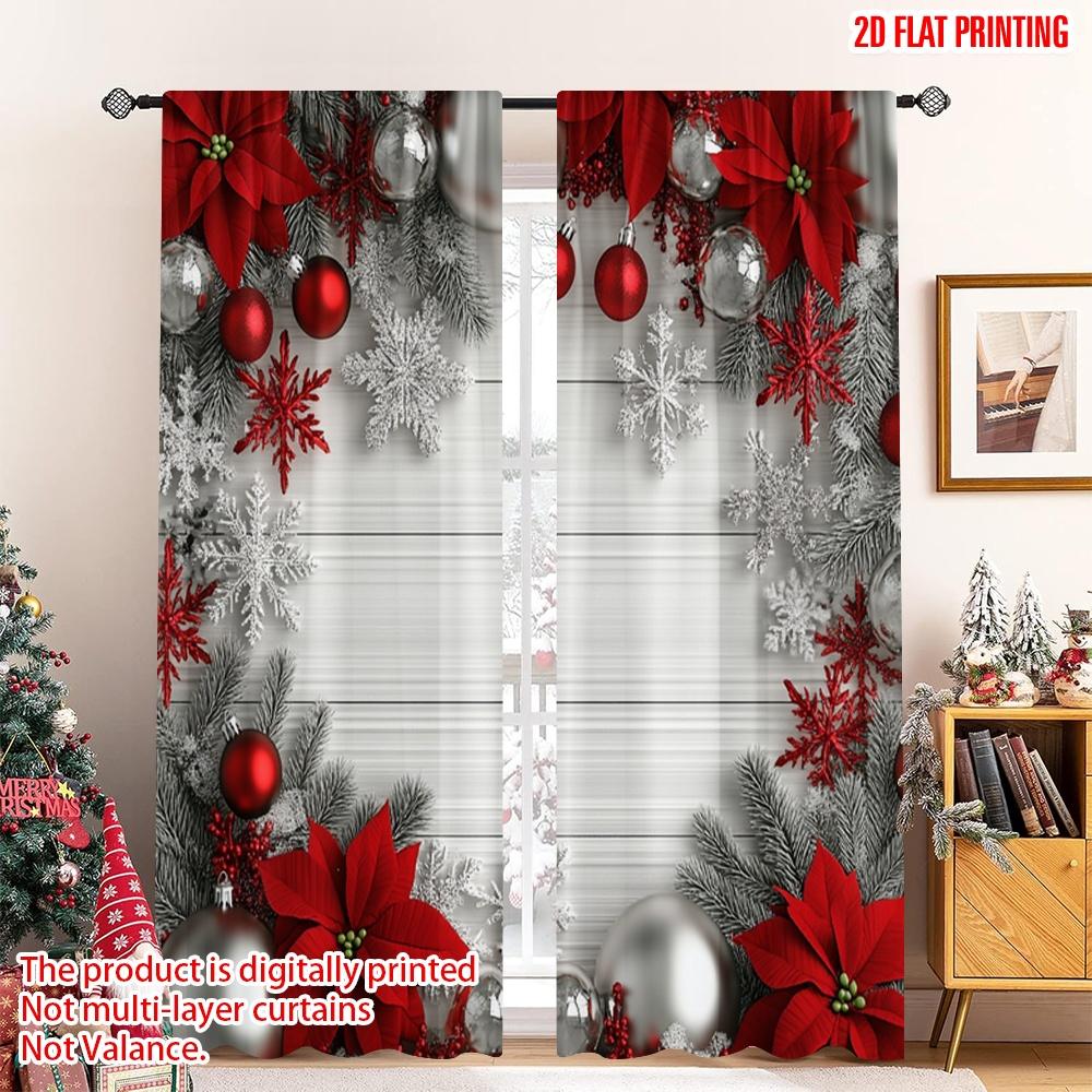 

2pcs 2D flat printing Merry Christmas Window Curtains Christmas Ornaments Red Silver Snowflakes (2) Polyester Without 100*130 Grommet Top 1pcs