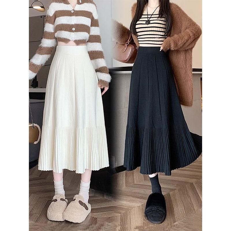 Cotton Blend Knit Midi Skirt With High Waist And Pleats For Fall Winter Fashion