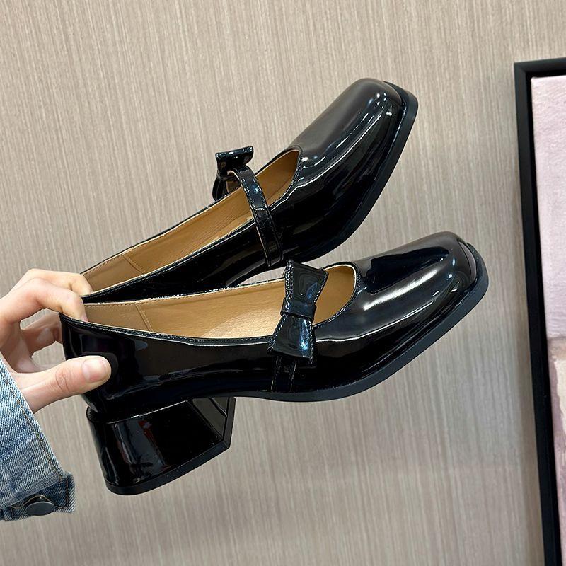 Spring new high heels medium thick heel fashion square head bright leather single shoes shallow mouth bow Mary Jane shoes women's shoes trend