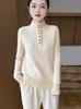 Women's Color Block Wool Sweater - Half-High Collar, Plush, Button Pullover, Double Layer Knit - Autumn/Winter 2023 Collection