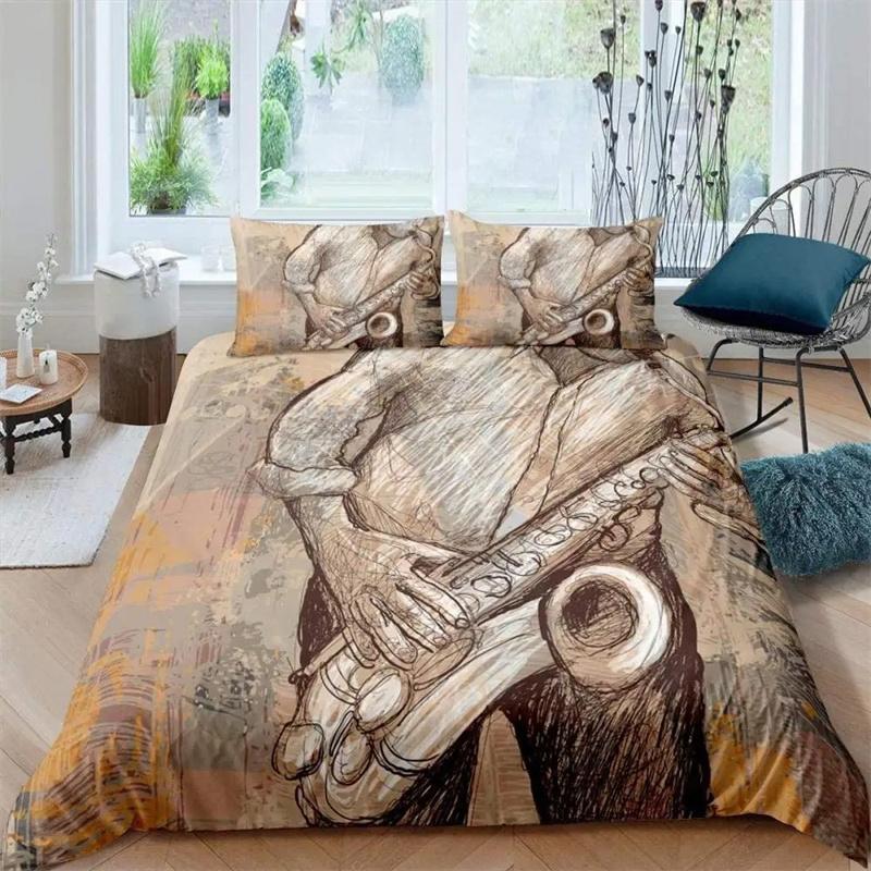 Saxophone Duvet Cover Set Rotating Musical Notes Bedding Set Musical Instrument Retro Jazz Music Theme Twin Quilt Cover For Kids