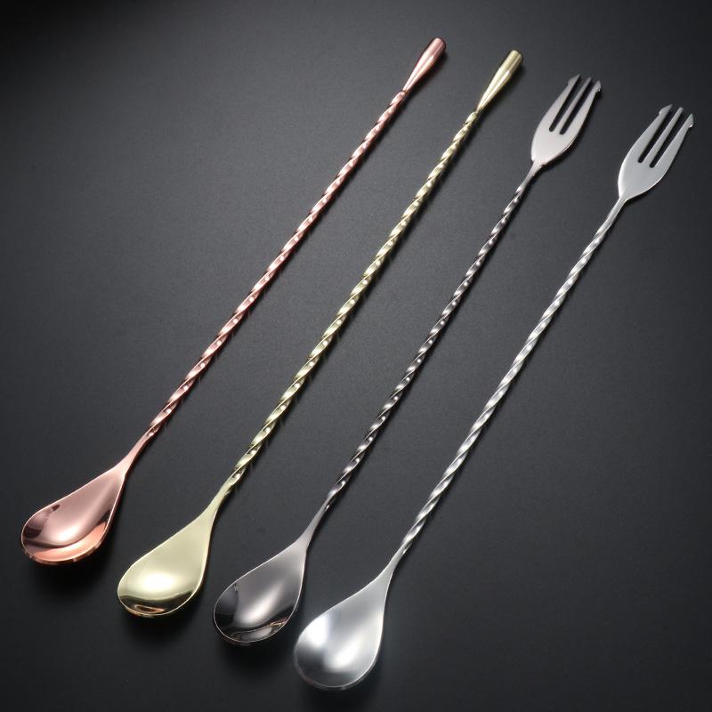 304 Stainless Steel 30cm Bar Spoon with Teardrop Handle and Three-Pronged End for Cocktails