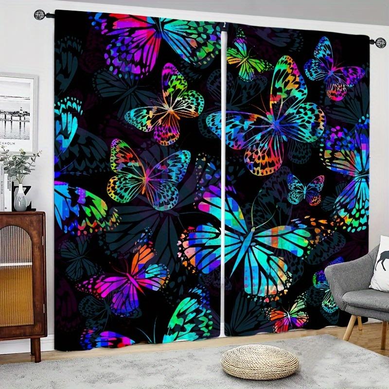 2pcs Five-colored Butterfly Printed Curtains, Study Room Kitchen Living Room Dorm Room Rod Pocket Window Drapes, Bedroom Accesso