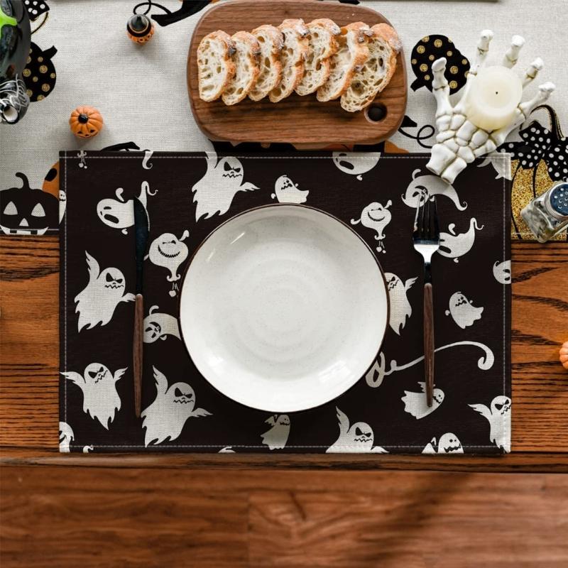 Japanese-style Halloween Patterns Linen Table Placemat Printed Table Anti-scalding Heat Insulation Pad Cup Coaster