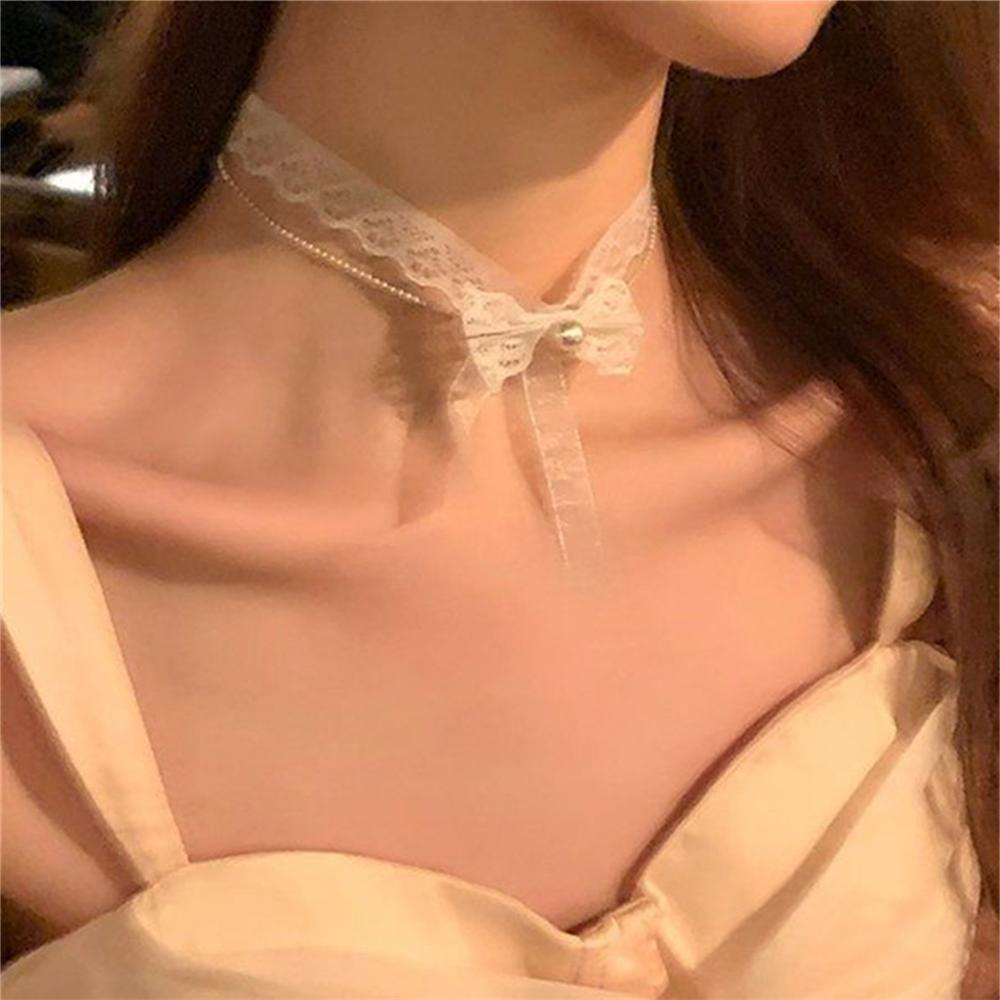 1ks módní a sexy mašle bílá umělá krajka náhrdelník na krk elegantní krajkový náhrdelník s mašlí krátký řetízek