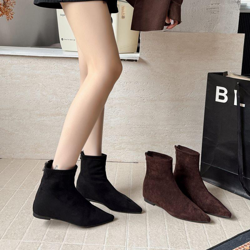 

Универсальные низкие тонкие ботинки с замшевыми ботинками в стиле ретро, новая корейская версия, молния сзади, осень-зима 2025, женские остроносые короткие ботинки 40 чёрный