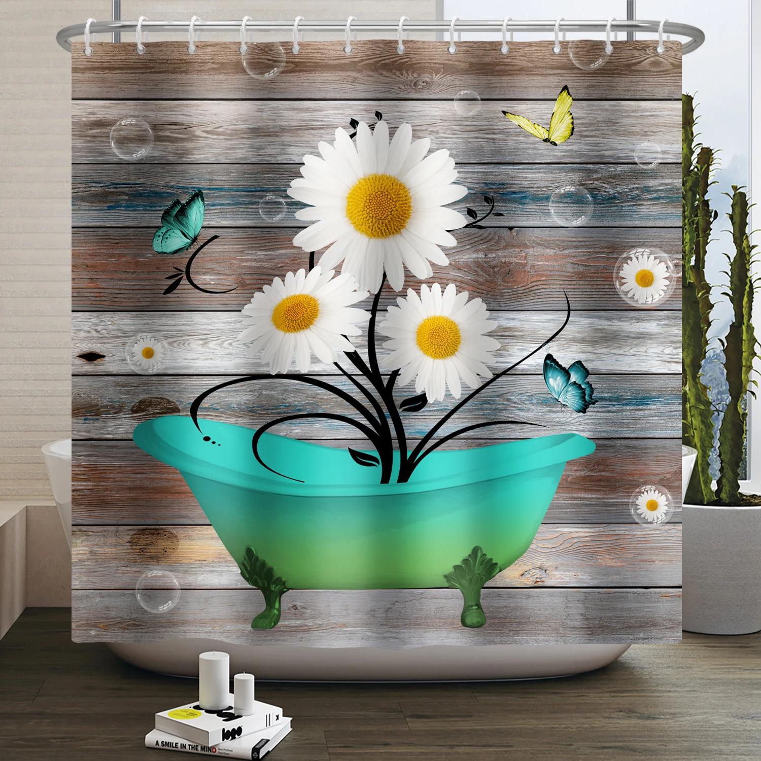 

Деревенская занавеска для душа с подсолнухами и ромашками, бабочки, цветочный винтажный кантри фермерский дом, цветок, деревянная доска, водонепроницаемая занавеска для ванной W90xH180cm