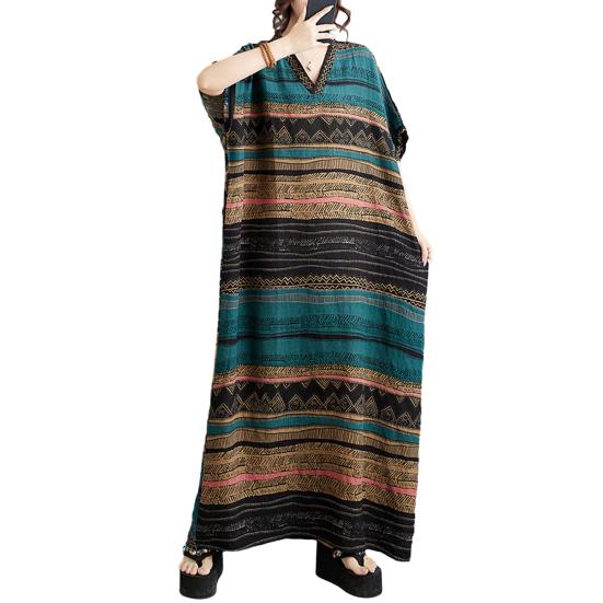 Plus Size Cotton Linen Maxi Dress for Women Loose V-Neck Short Sleeve