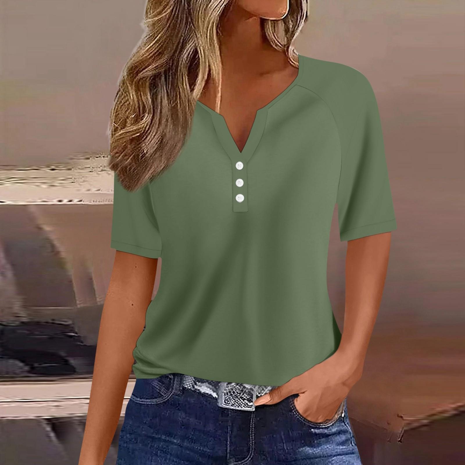 Women s Casual V-Neck Button Down Short Sleeve Blouse, Relaxed Fit Summer Top for Daily Wear, Red, Medium M