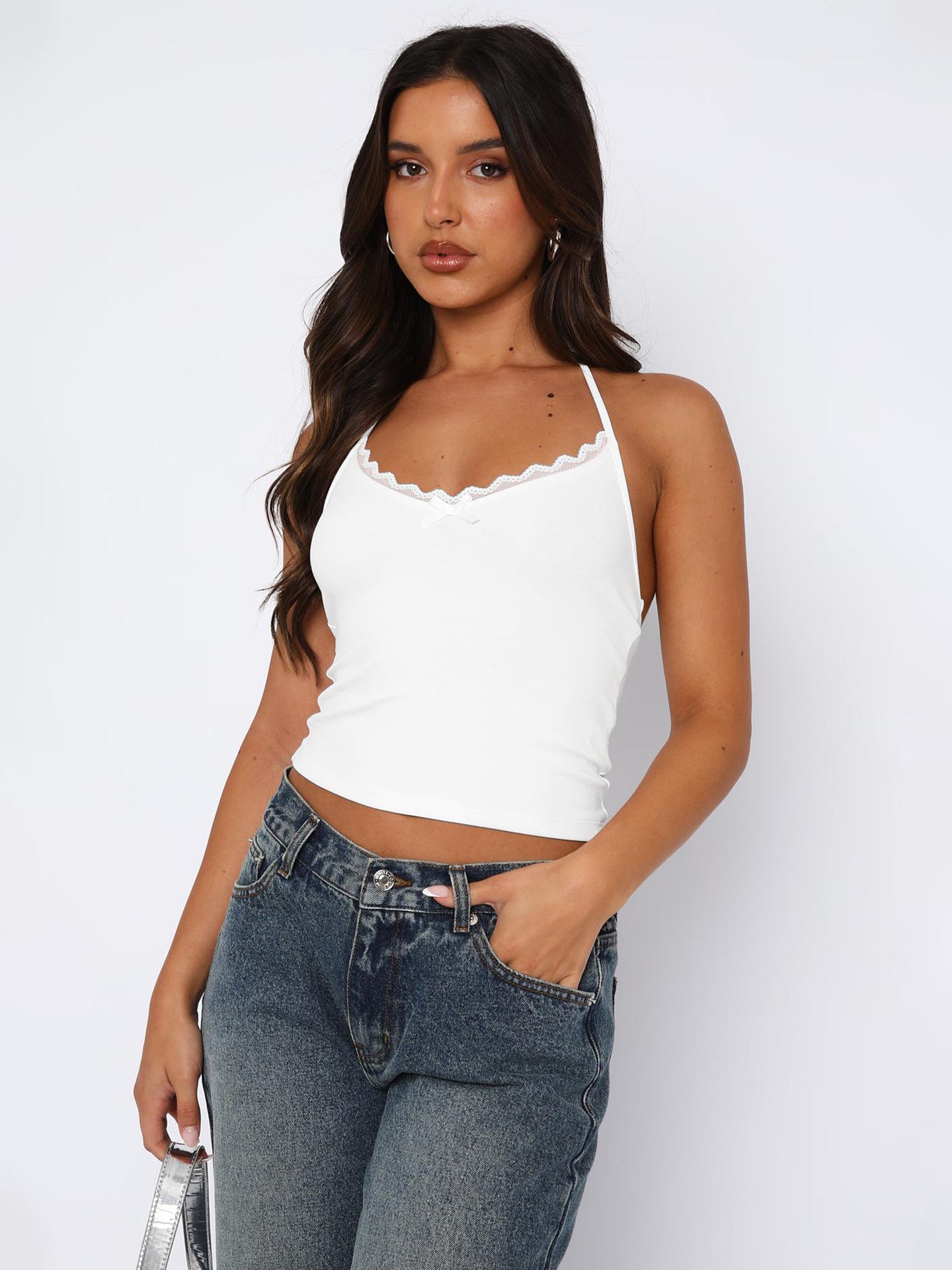 Halter Lace Patchwork Tank Top - European & American Y2K Style, Pure Desire Cropped Camisole, Sexy Sleeveless Women s Clothing M