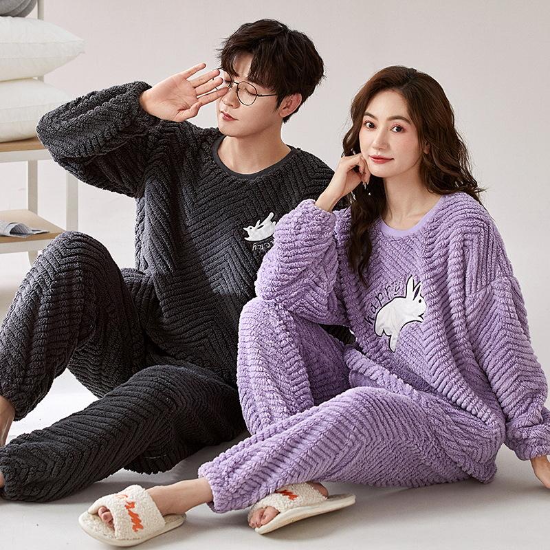 Couples' Cozy Flannel Pajama Set: Women's Plus Velvet, Men's Loose Fit, Warm Coral Fleece Homewear