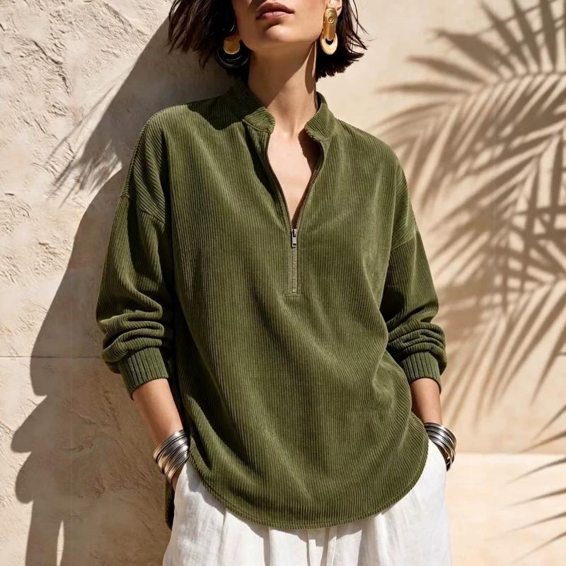 Women S Solid Stand Collar Long Sleeve Loose Corduroy Top