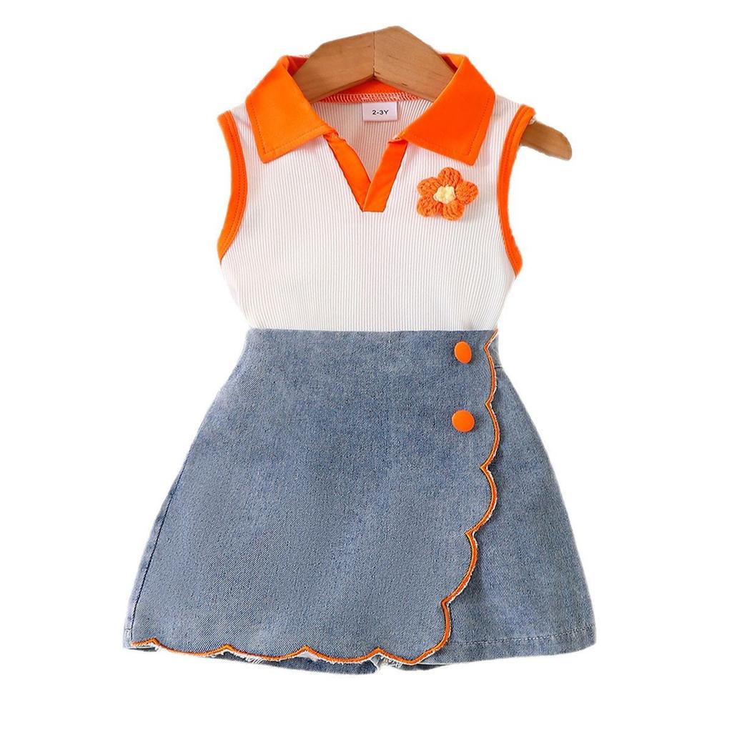 Girls Fashion Set Summer Kids Casual Sleeveless Flower Vest Lace Denim Shorts Set